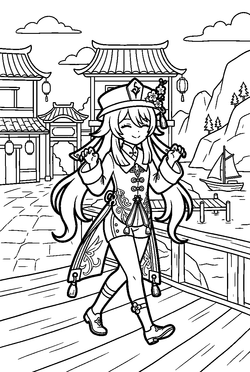 genshin impact hu tao exploring in liyue harbor line art