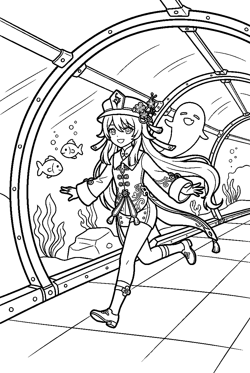 genshin impact hu tao running in underwater tunnel line art