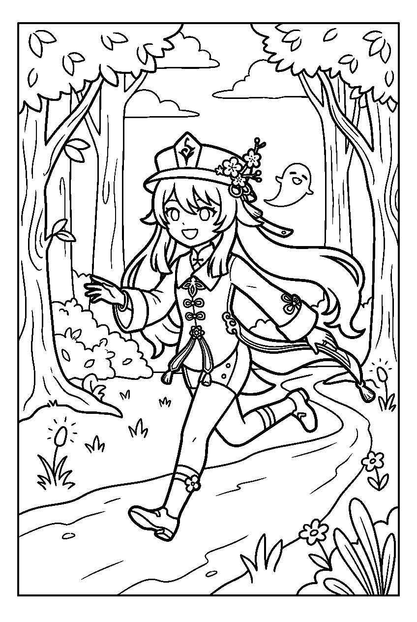 genshin impact hu tao running in whispering woods line art