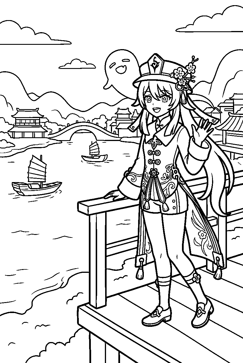 genshin impact hu tao watching in liyue harbor line art