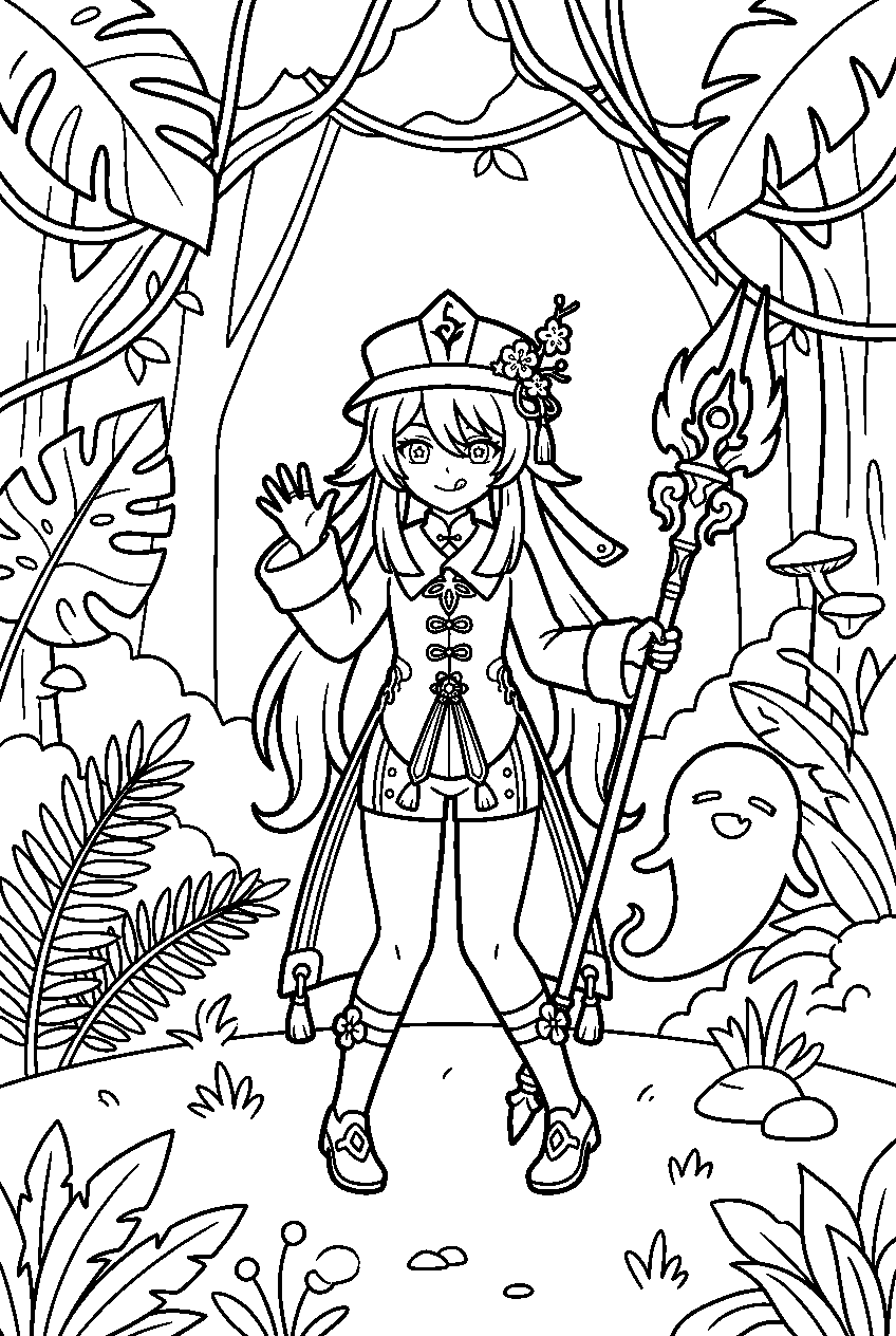 genshin impact hu tao watching in sumeru rainforest line art