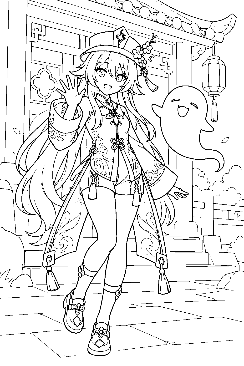 genshin impact hu tao waving beside her ghost outside wangsheng funeral parlor line art