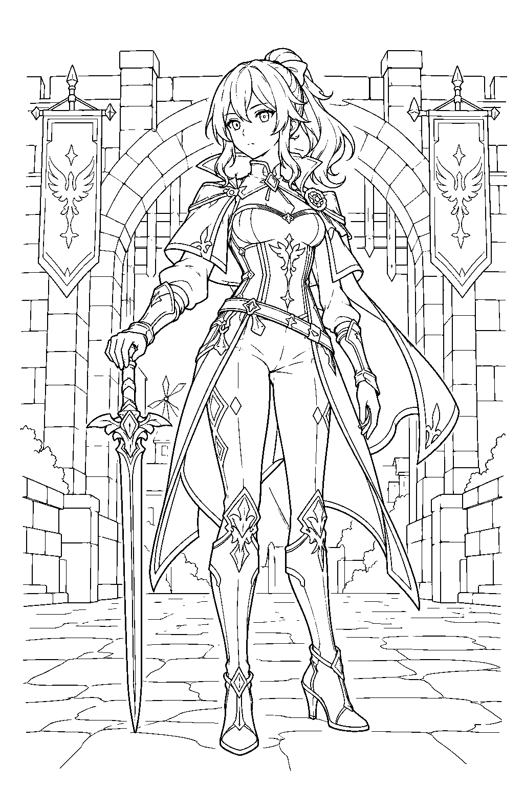 genshin impact jean holding her sword at the mondstadt city gate line art