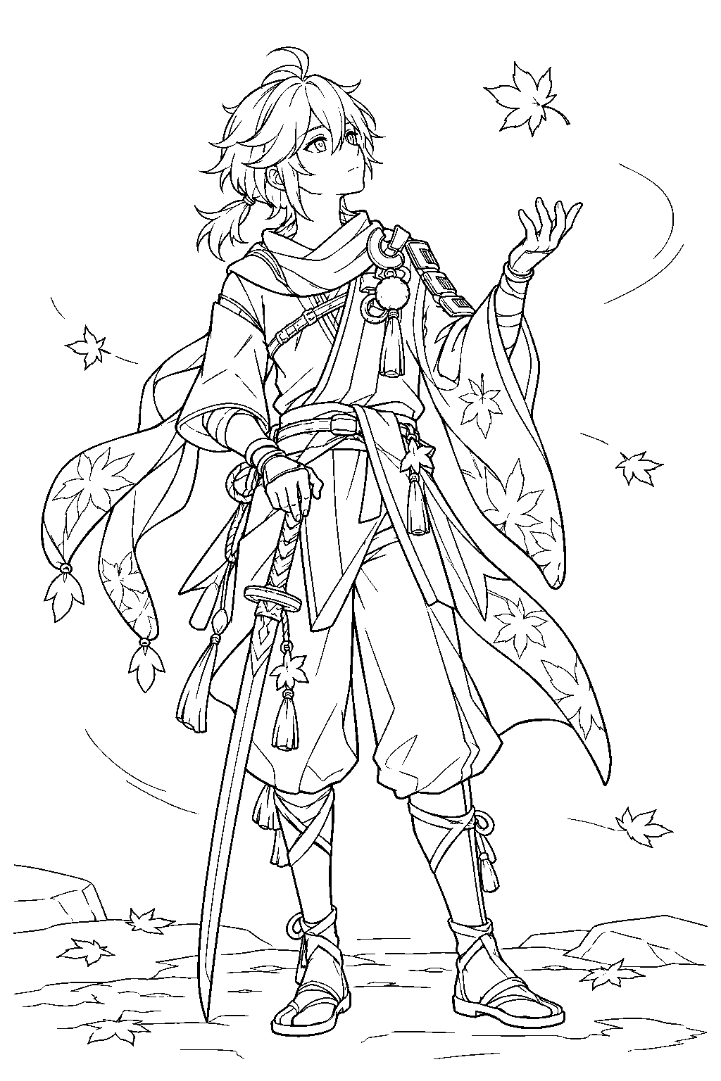 genshin impact kaedehara kazuha watching a maple leaf drift above his sword line art