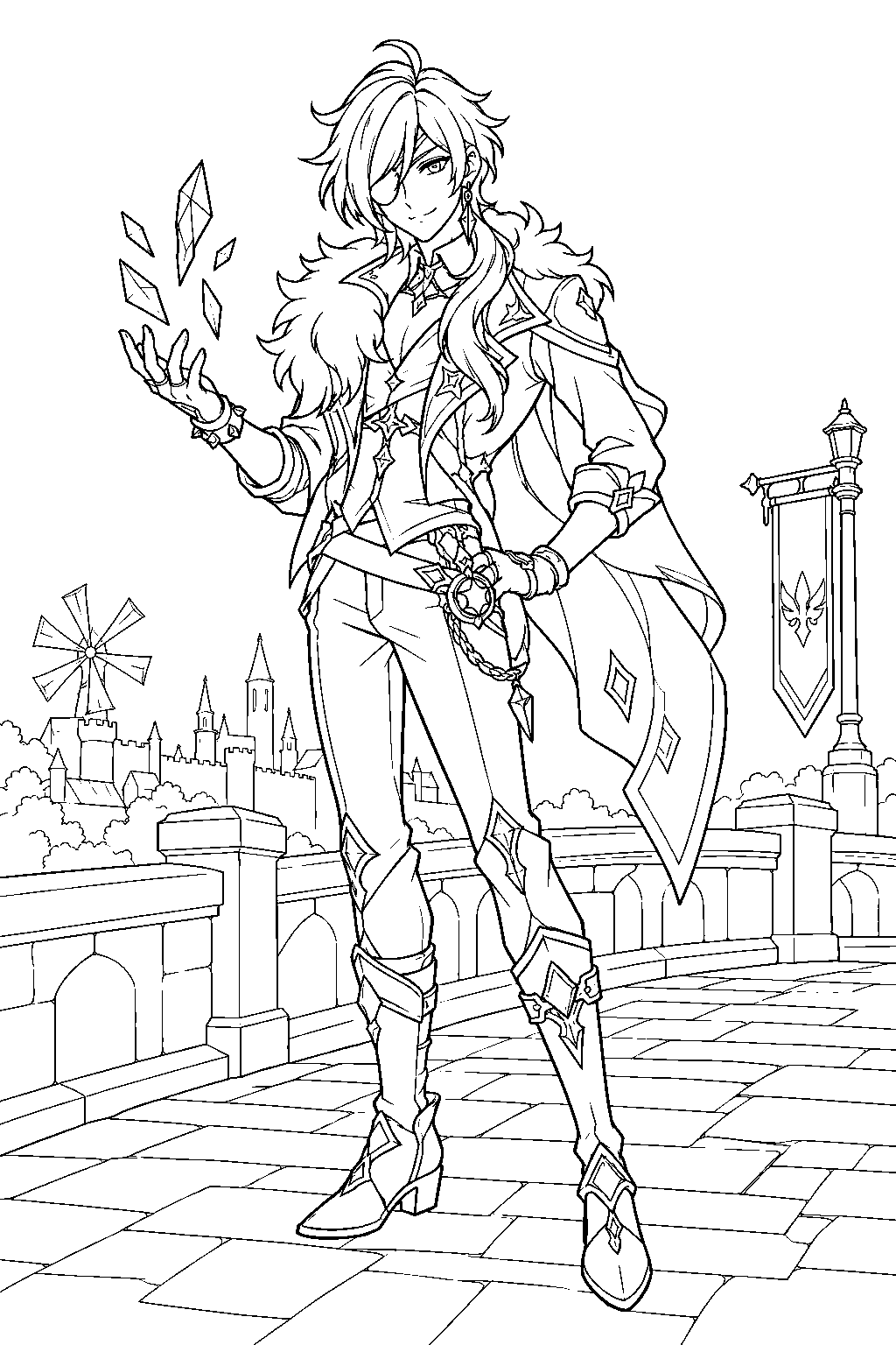 genshin impact kaeya creating ice shards on a mondstadt bridge line art