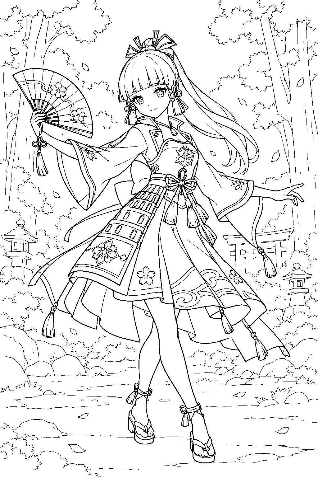 genshin impact kamisato ayaka performing a fan dance in chinju forest line art