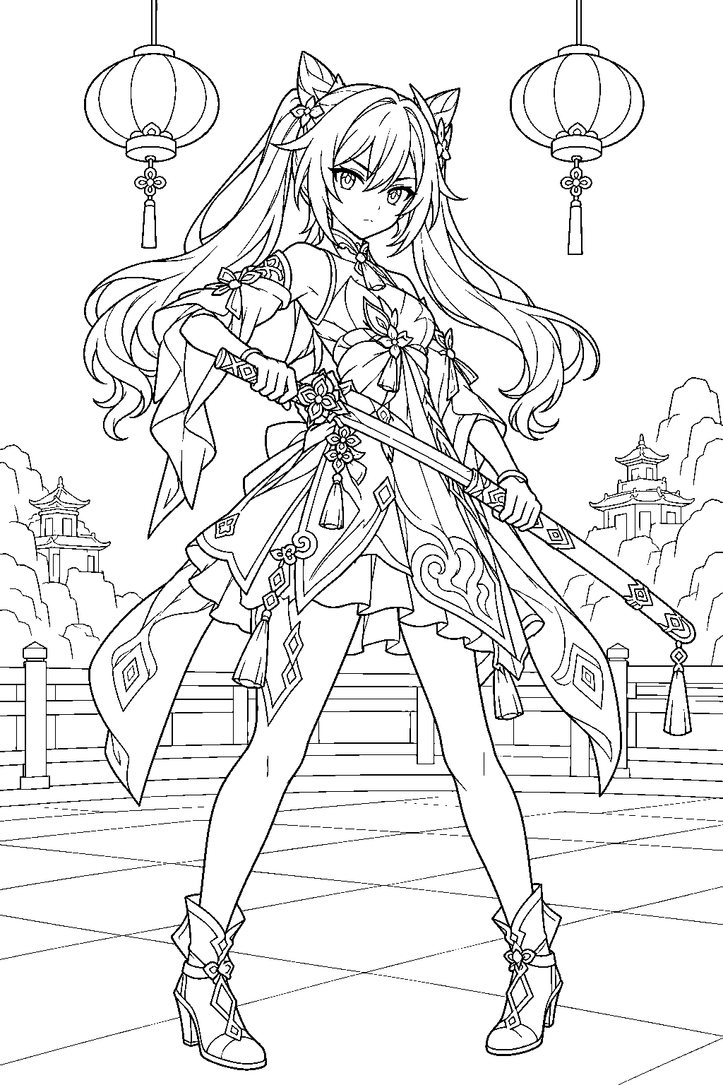 genshin impact keqing drawing her sword beneath liyue harbor lanterns line art