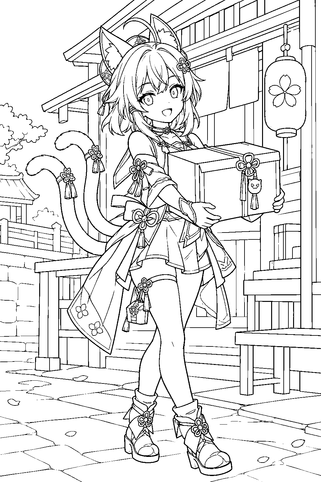 genshin impact kirara carrying a delivery parcel outside an inazuma shop line art