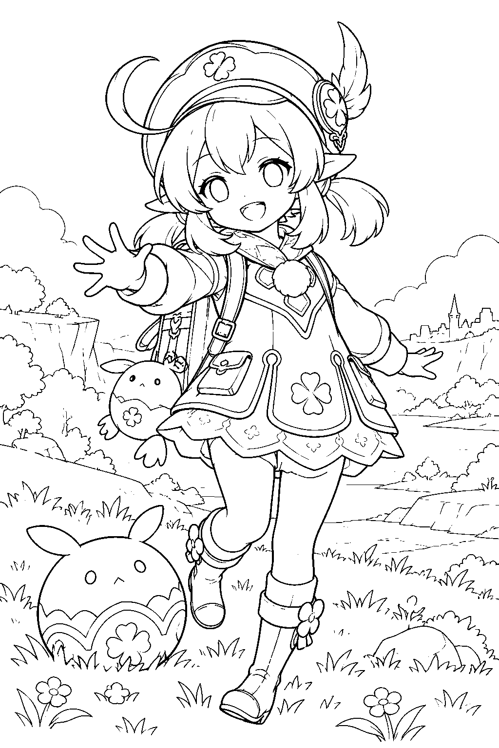 genshin impact klee carrying dodoco beside jumpy dumpty in starfell valley line art