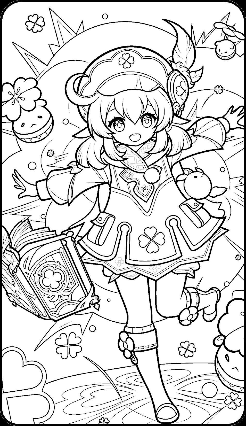 genshin impact klee witch outfit line art cute magic lineart