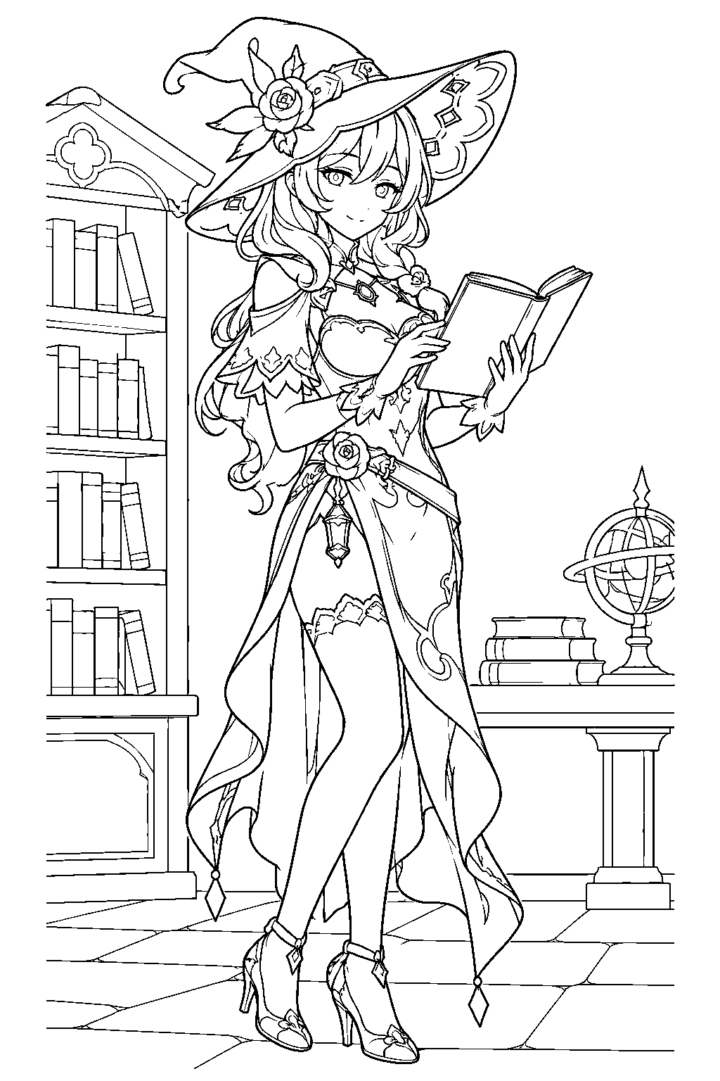 genshin impact lisa reading a spellbook in the knights of favonius library line art