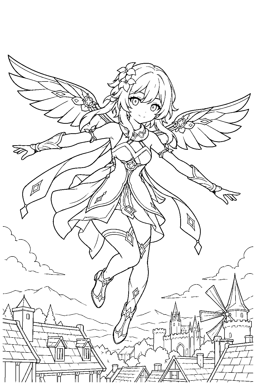 genshin impact lumine using her wind glider above mondstadt rooftops line art