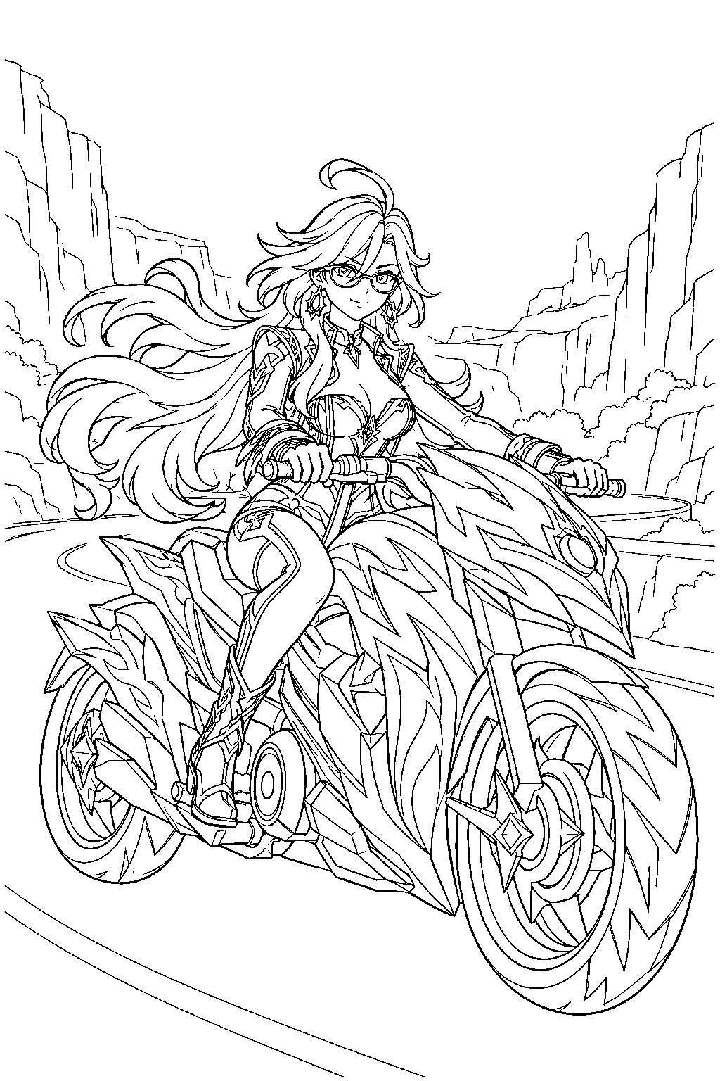 genshin impact mavuika riding her flamestrider along a natlan canyon road line art