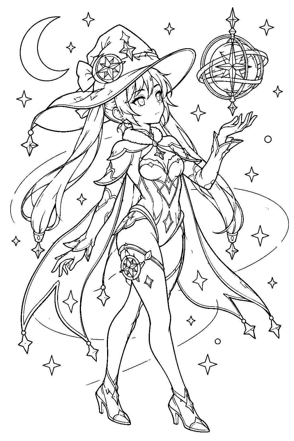 genshin impact mona studying her astrolabe beneath a starry sky line art