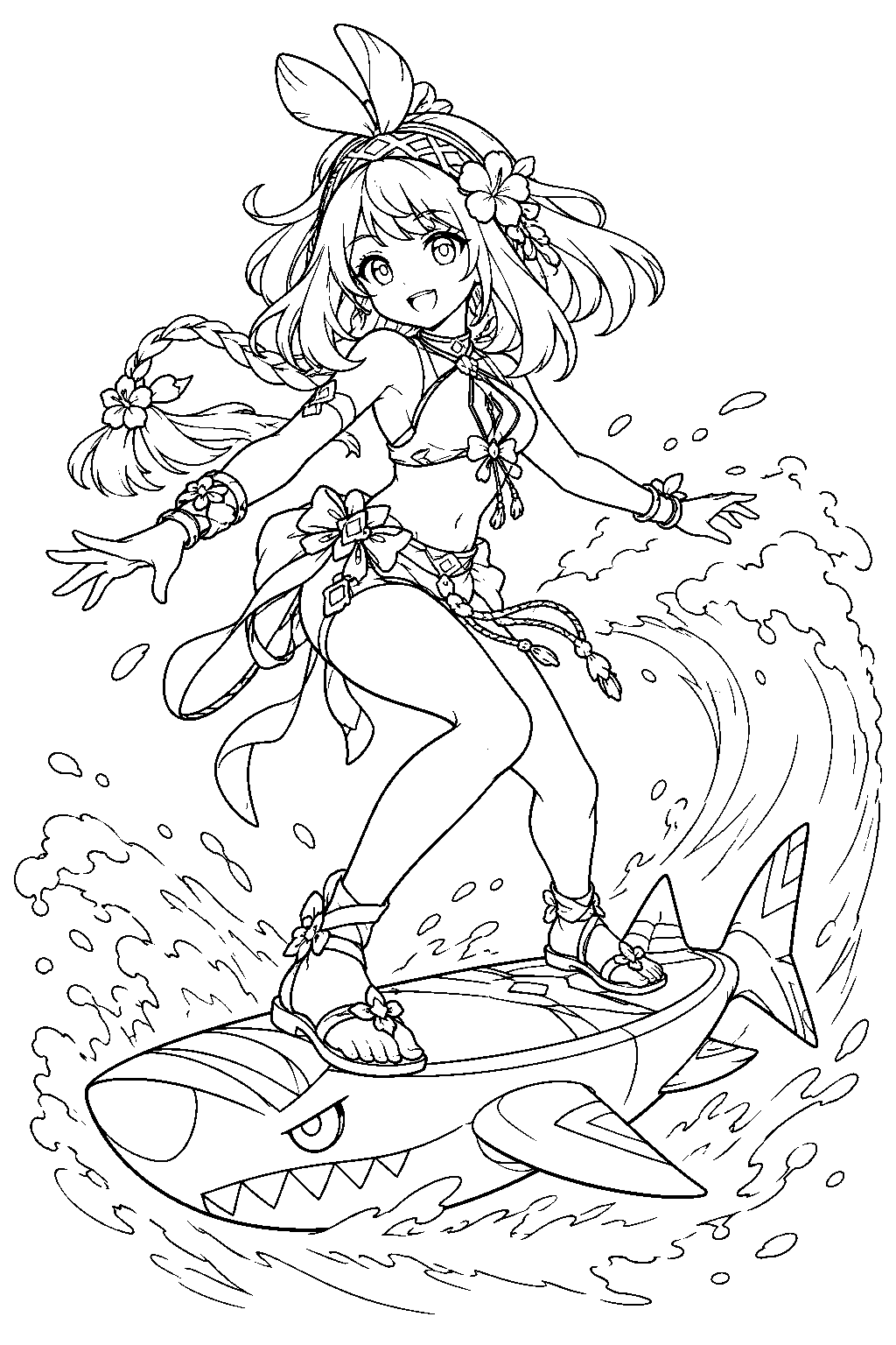 genshin impact mualani surfing on her sharky surfboard across an ocean wave line art