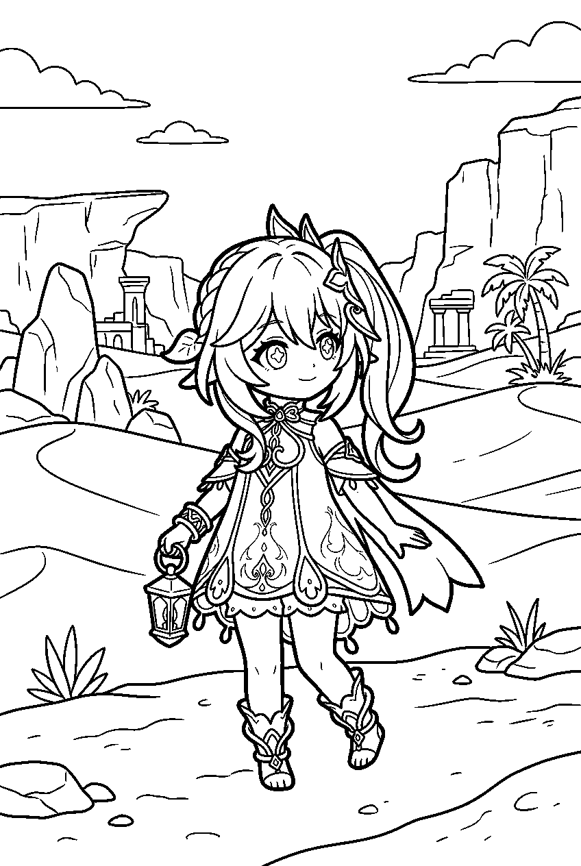 genshin impact nahida looking around in desert of hadramaveth line art