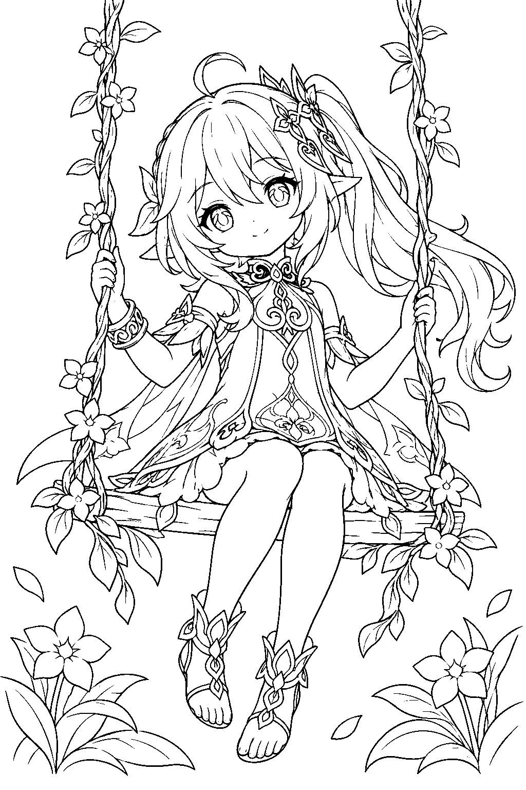genshin impact nahida resting on a vine swing among sumeru flowers line art