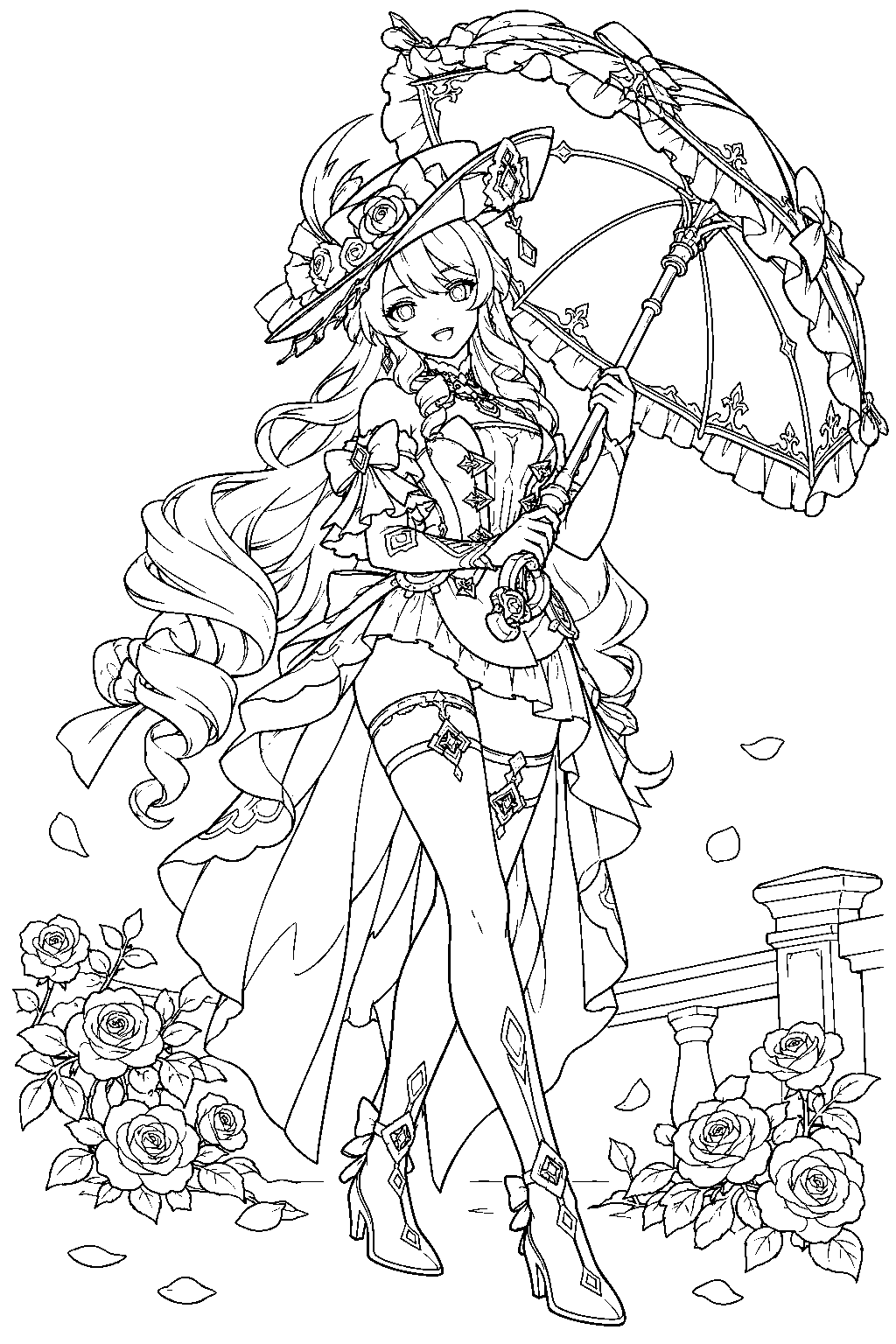 genshin impact navia opening her ornate gunbrella beside fontaine roses line art