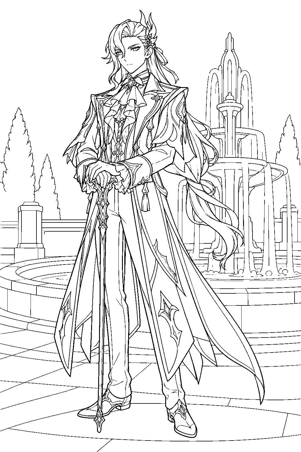 genshin impact neuvillette holding his cane before a court of fontaine fountain line art