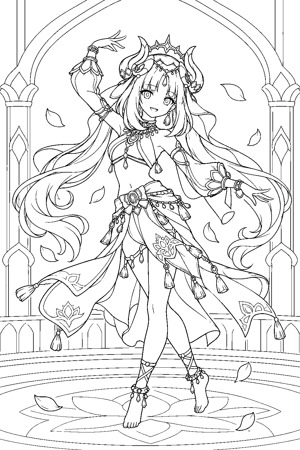 genshin impact nilou dancing on the zubayr theater stage with lotus petals line art