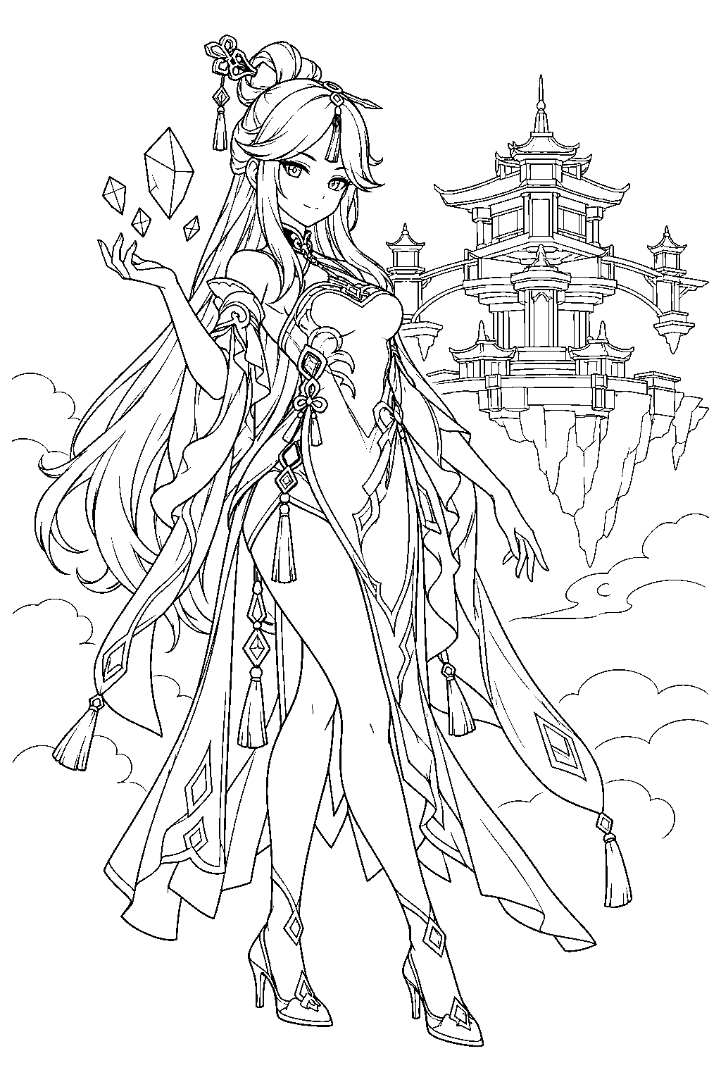 genshin impact ningguang holding floating geo gems before the jade chamber line art