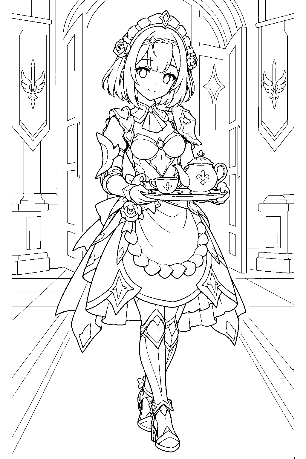 genshin impact noelle carrying a tea tray through the knights of favonius headquarters line art