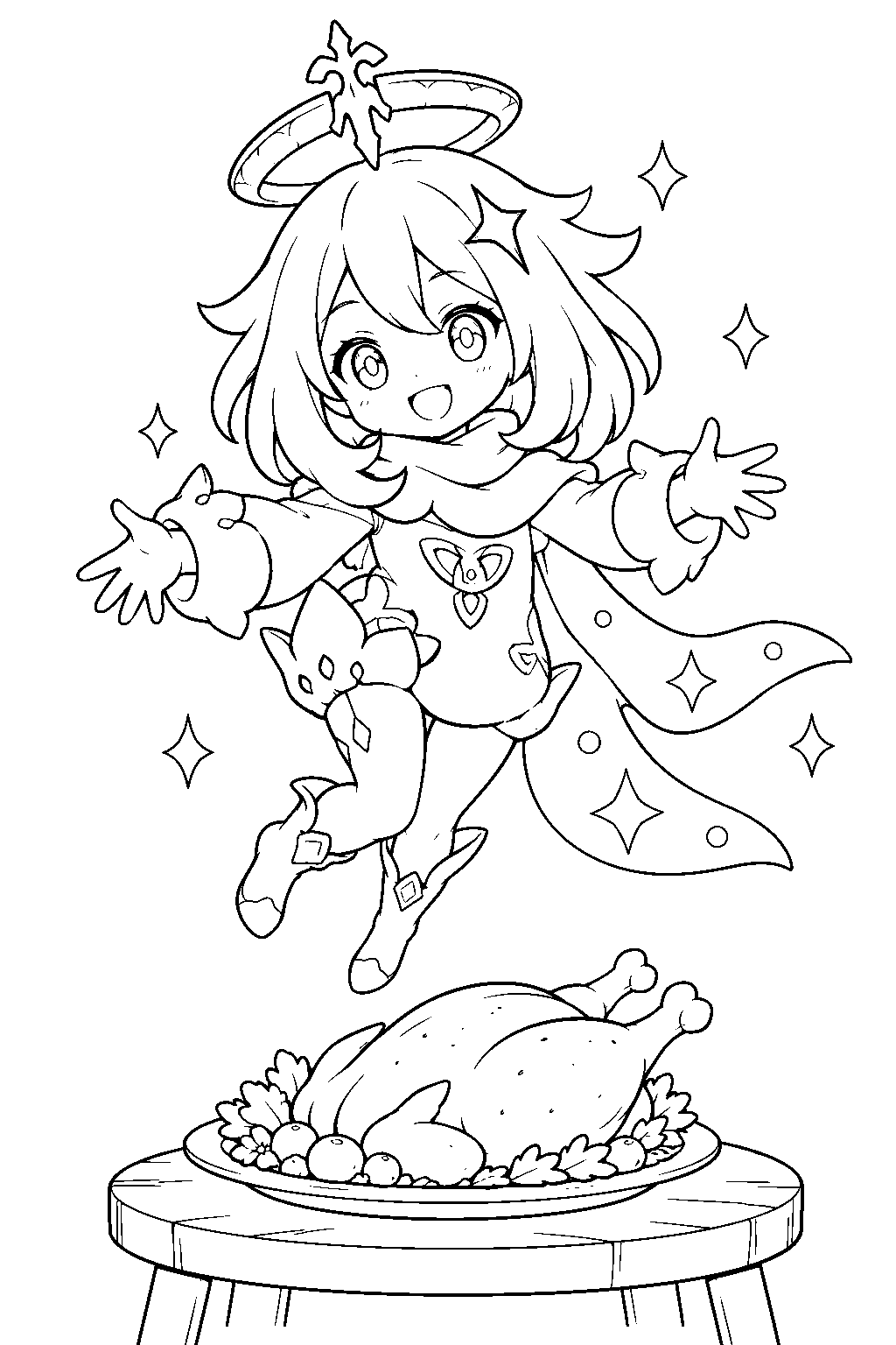genshin impact paimon floating above a plate of sweet madame line art