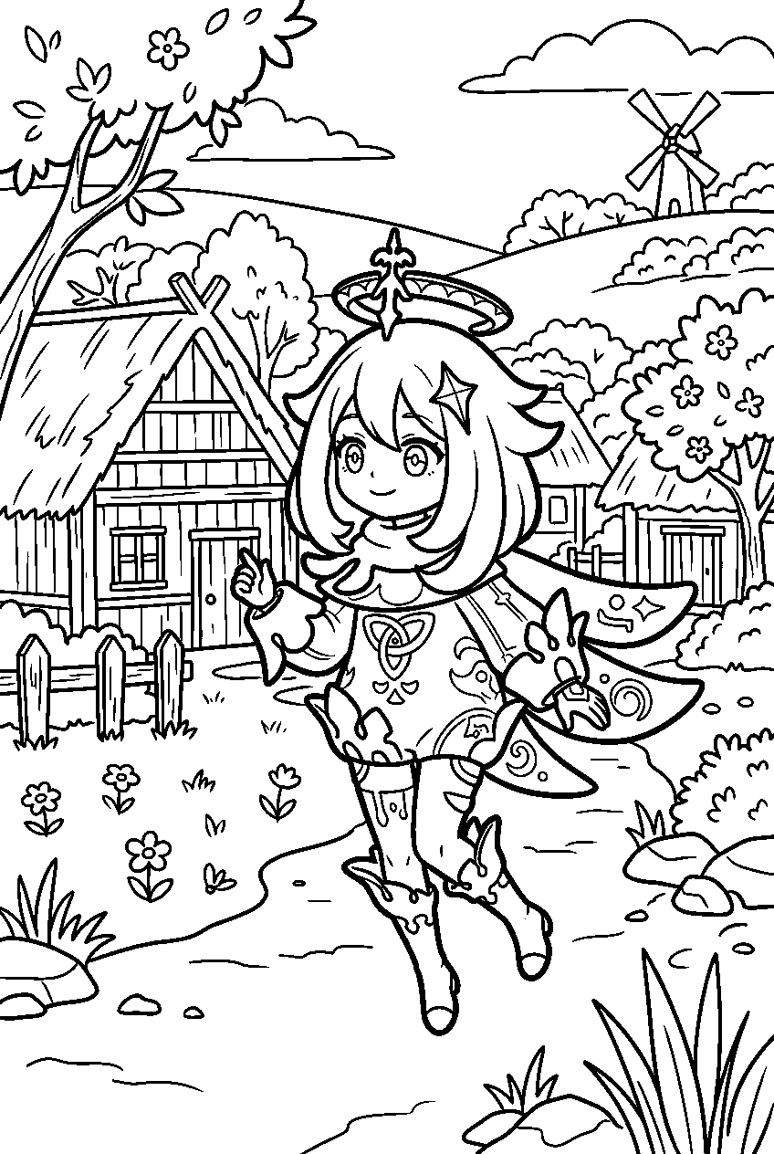 genshin impact paimon looking around in springvale line art