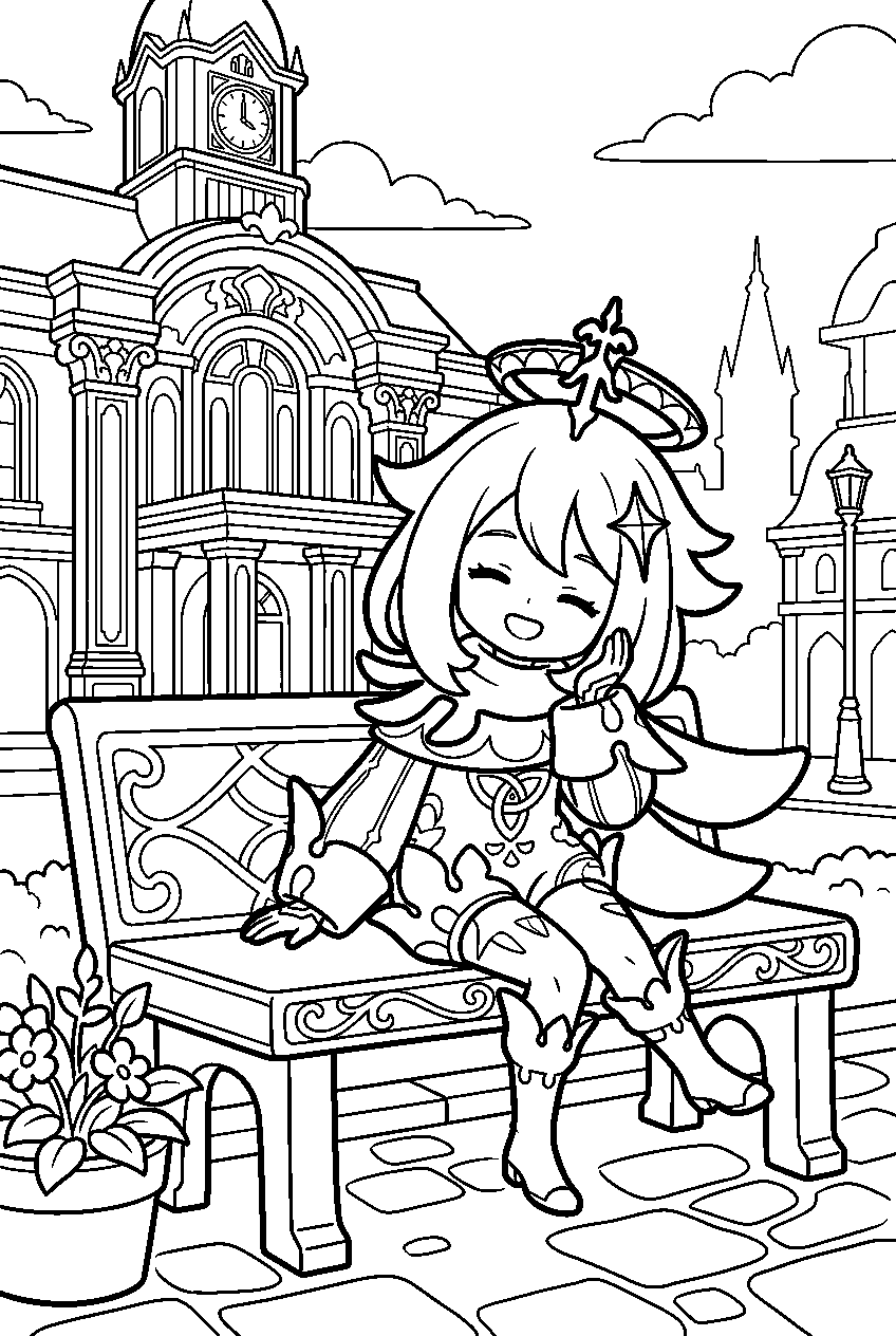 genshin impact paimon resting in fontaine court line art
