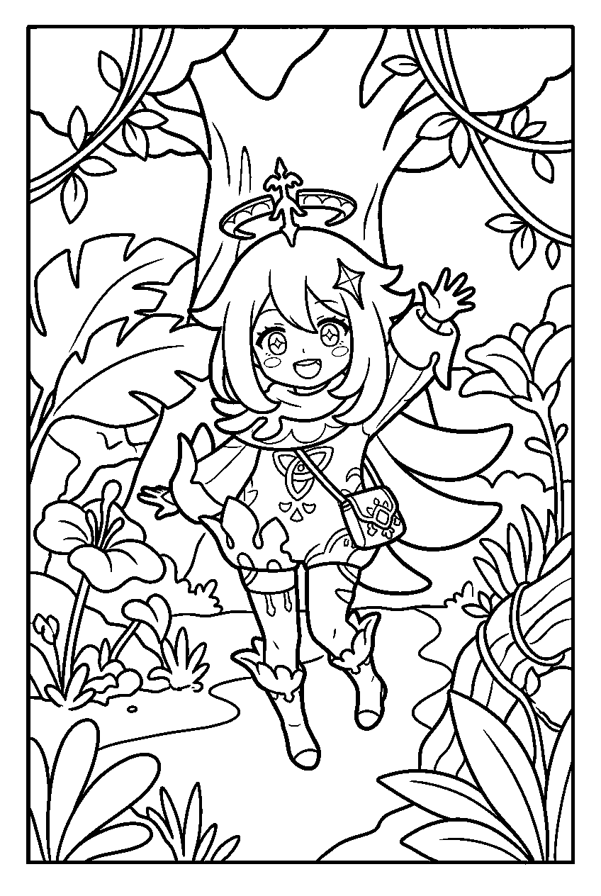 genshin impact paimon smiling in sumeru rainforest line art