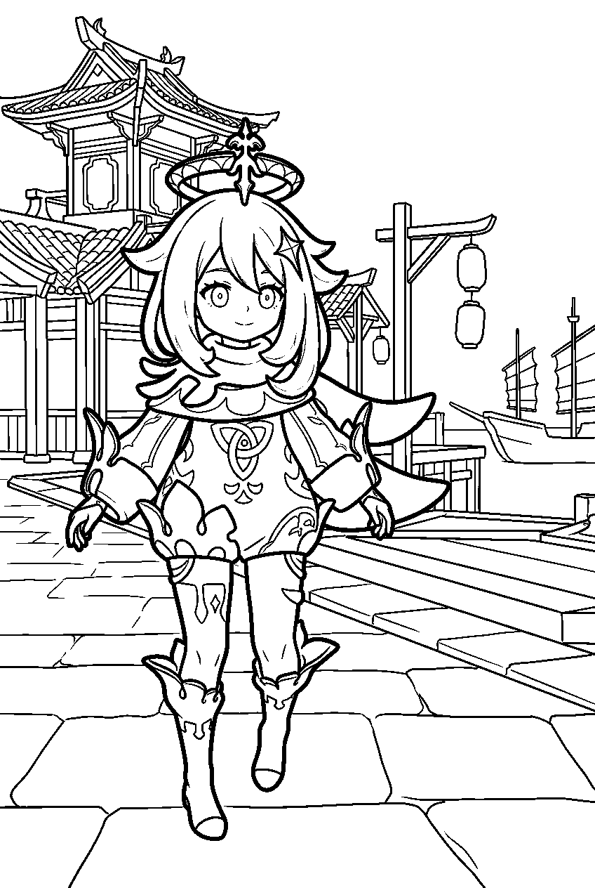 genshin impact paimon standing calmly in liyue harbor line art