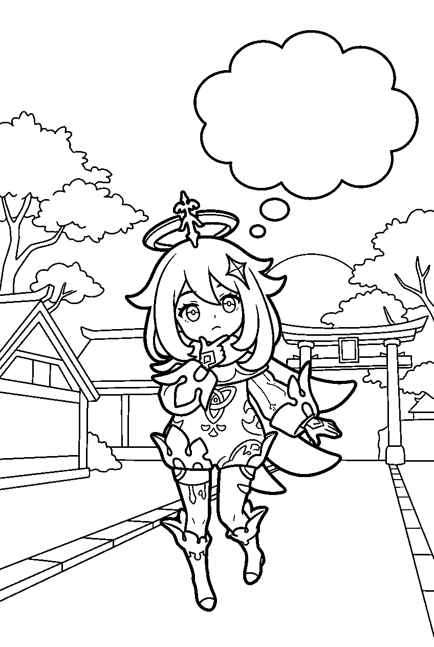 genshin impact paimon thinking in inazuma city line art