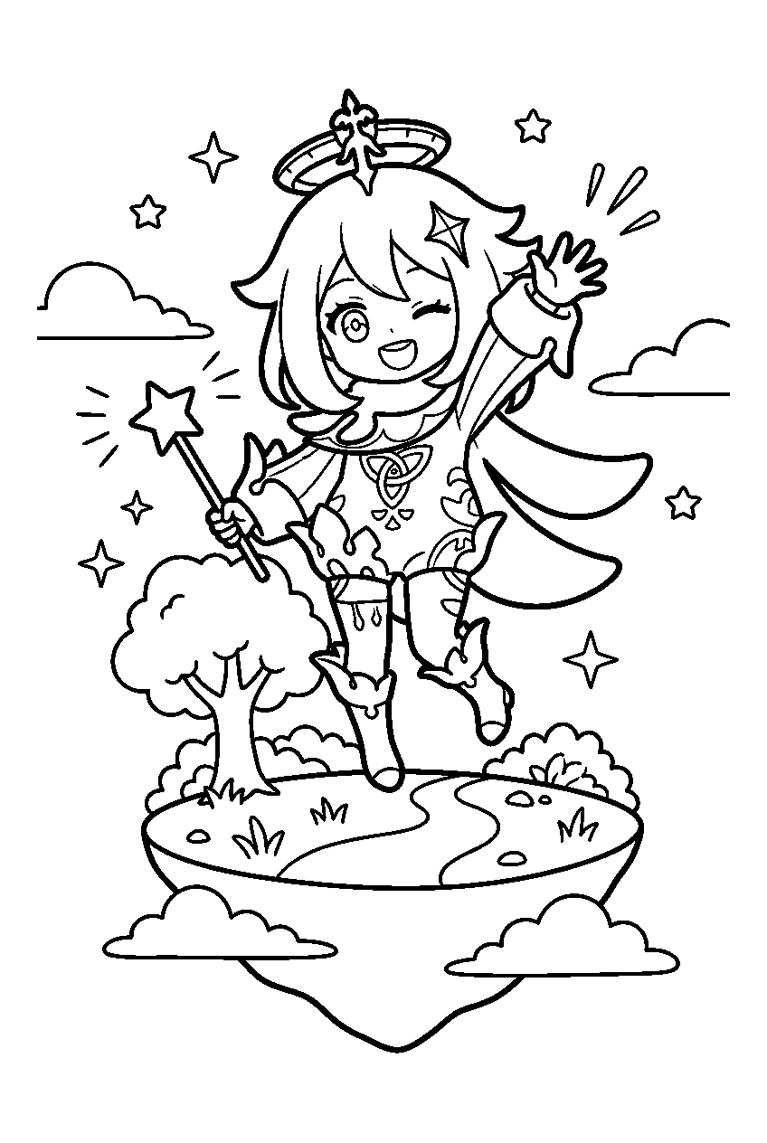 genshin impact paimon waving in floating island line art