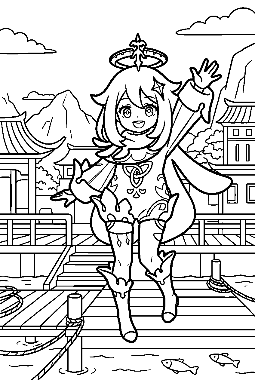 genshin impact paimon waving in liyue harbor line art