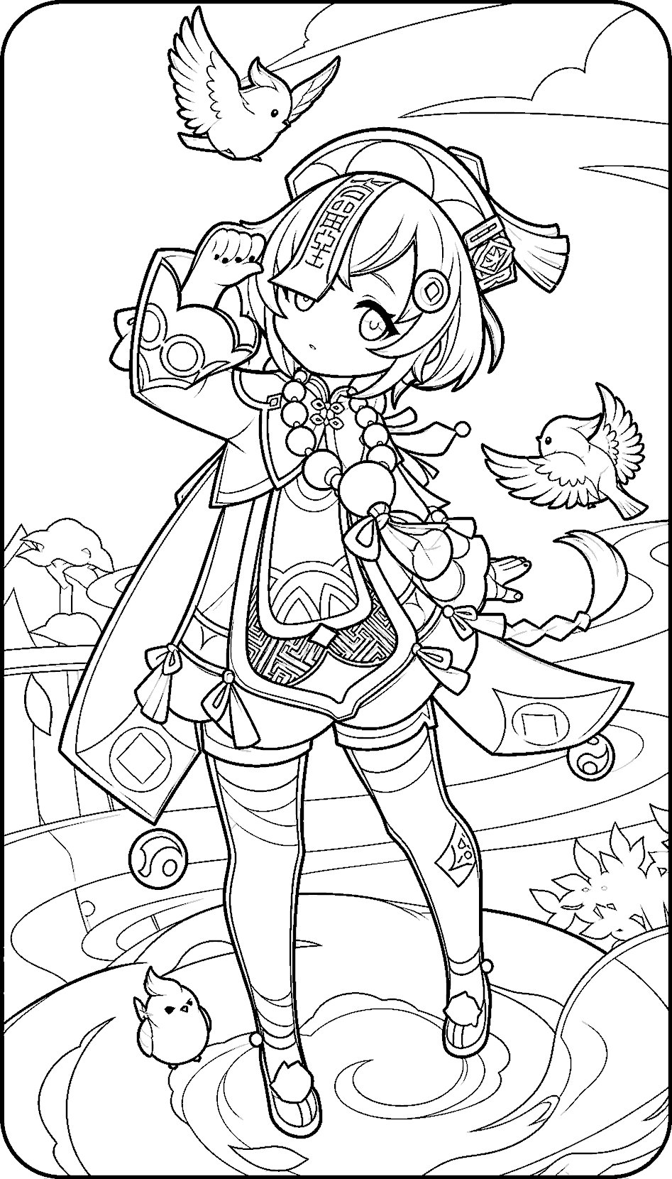 genshin impact qiqi cute birds line art fantasy page