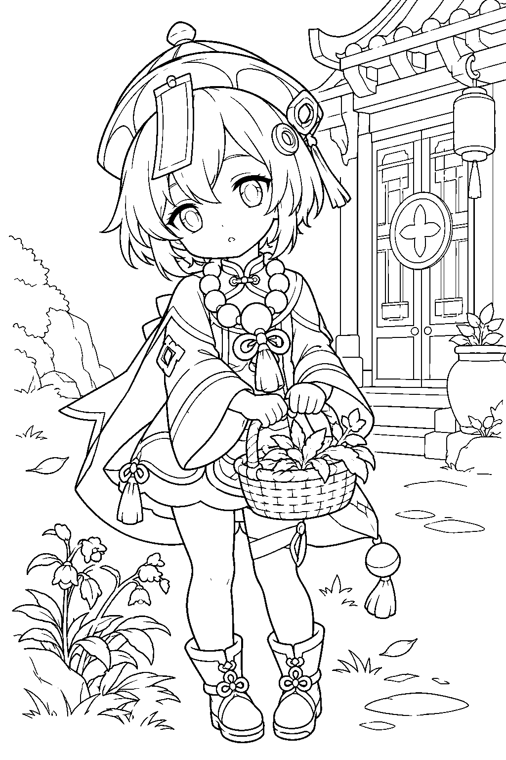 genshin impact qiqi gathering herbs near bubu pharmacy line art