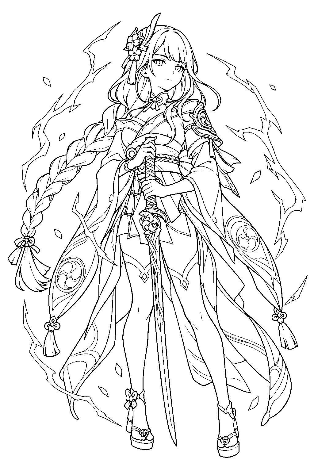 genshin impact raiden shogun holding musou isshin amid lightning line art