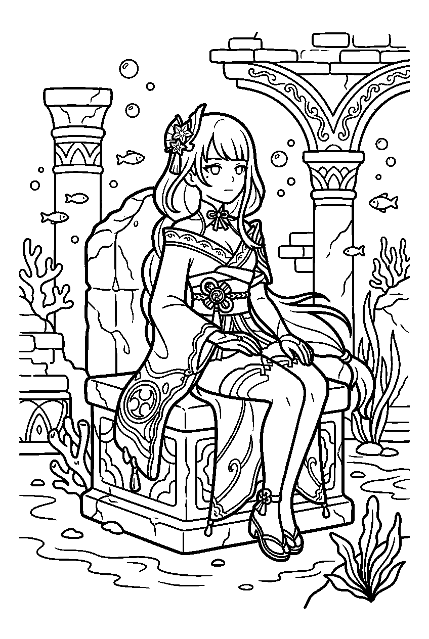 genshin impact raiden shogun sitting in underwater ruins line art