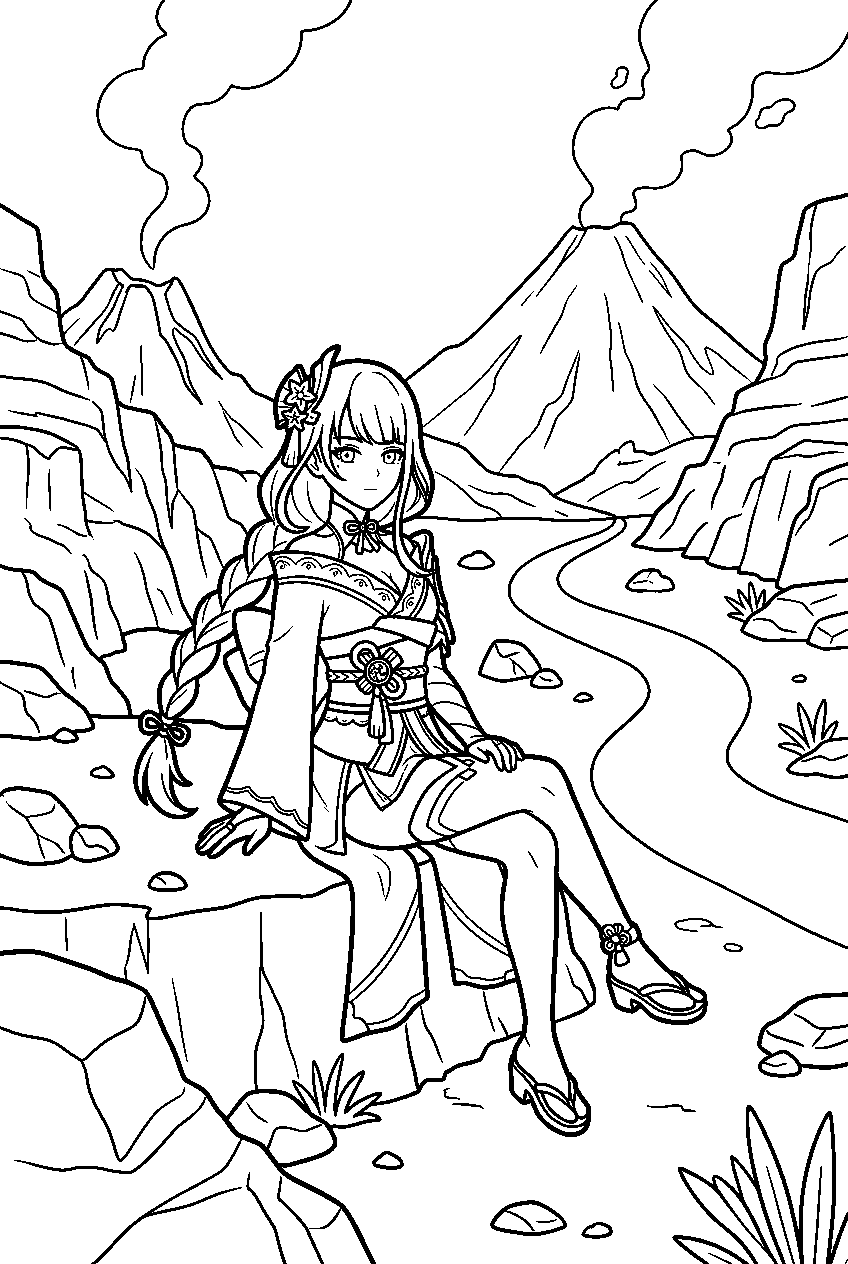genshin impact raiden shogun sitting in volcanic valley line art