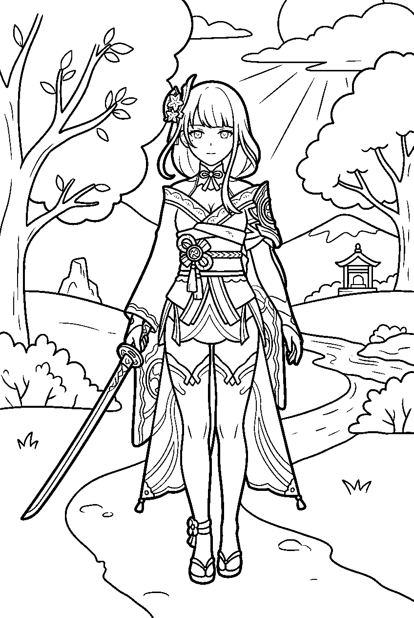 genshin impact raiden shogun standing calmly in adventure area line art