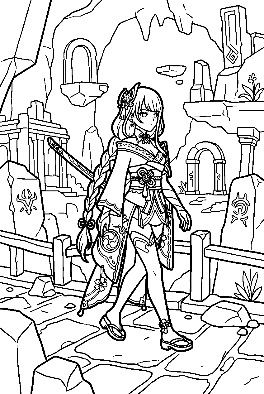 genshin impact raiden shogun walking in enkanomiya line art