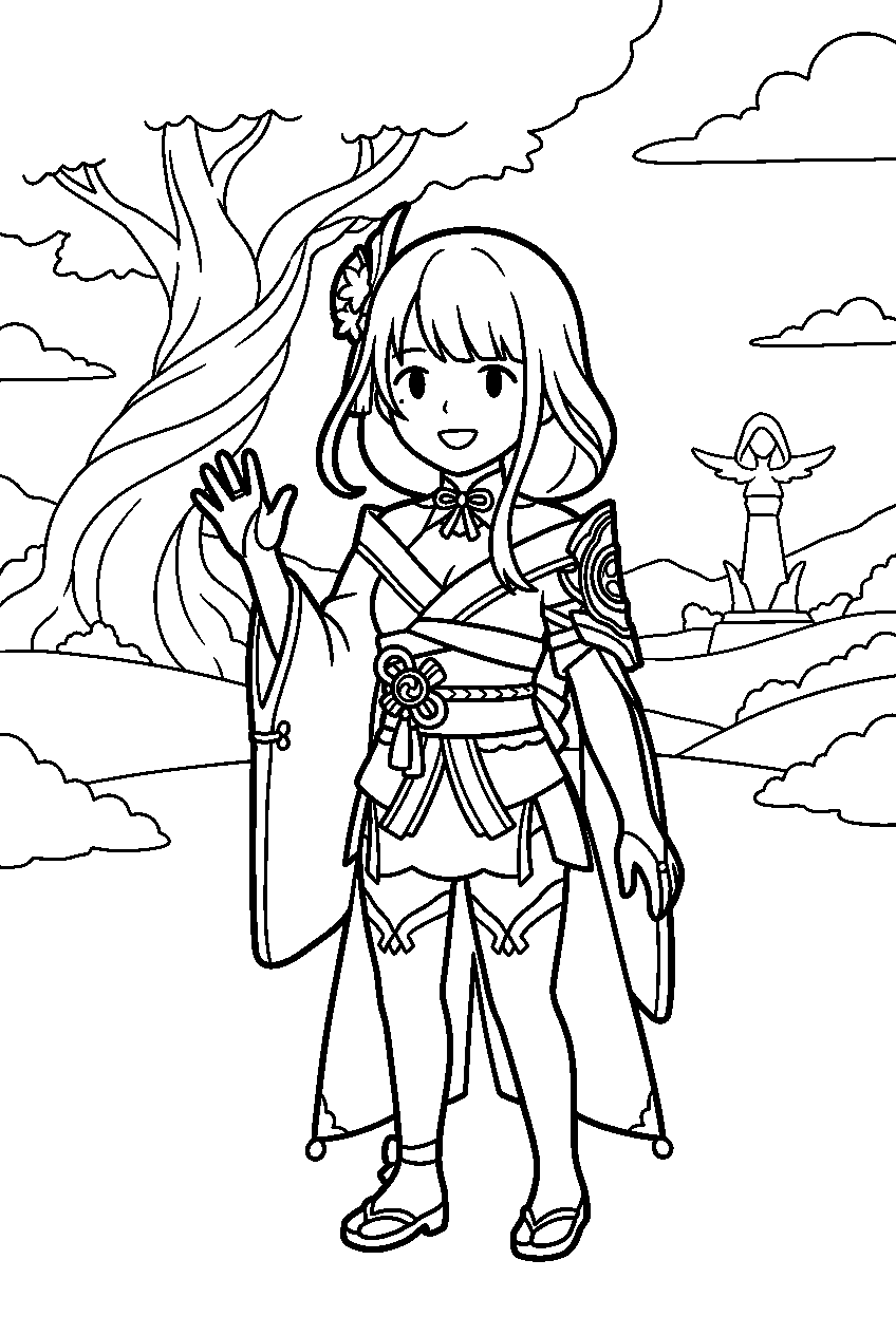 genshin impact raiden shogun waving in starfell valley line art