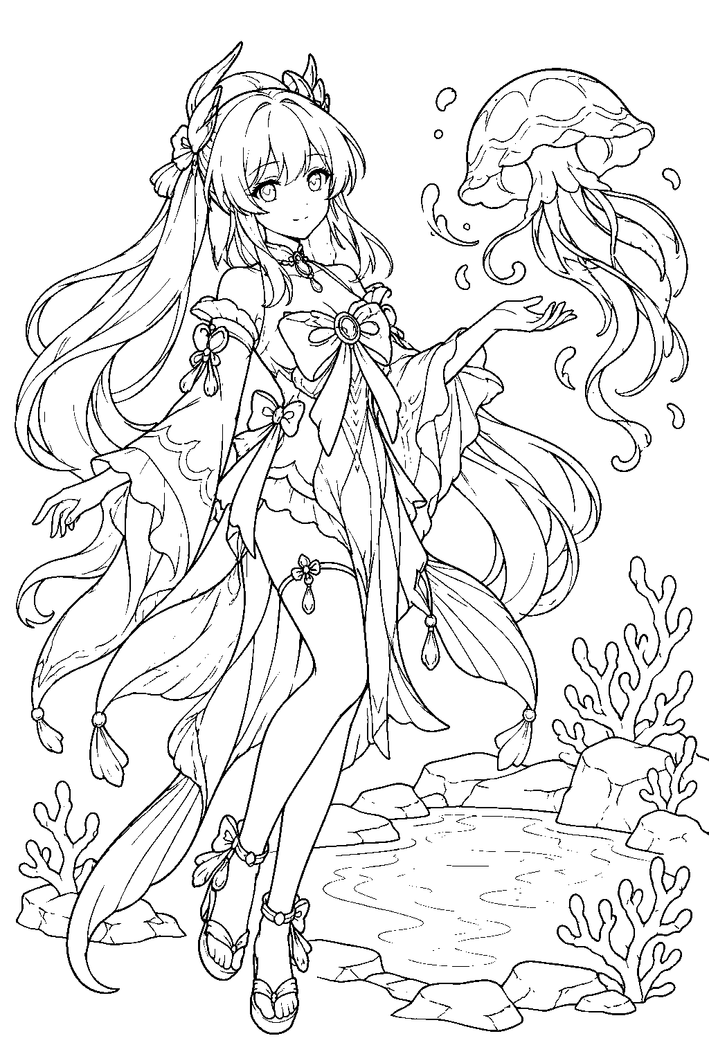 genshin impact sangonomiya kokomi summoning bake kurage beside a coral pool line art