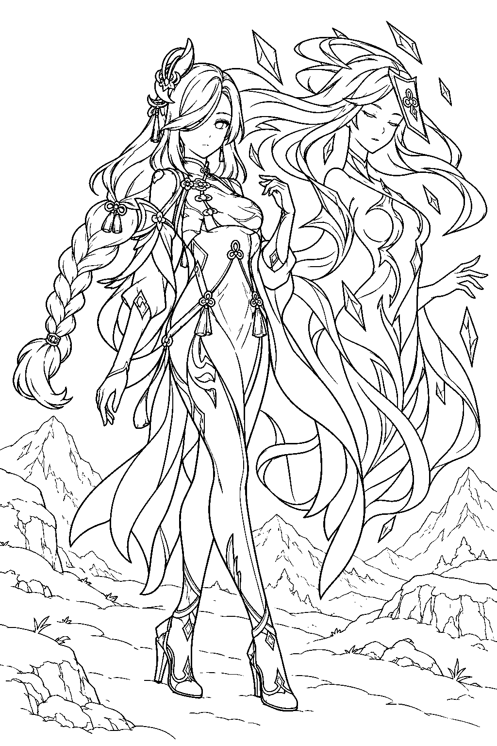 genshin impact shenhe standing beside her cryo spirit in snowy mountains line art
