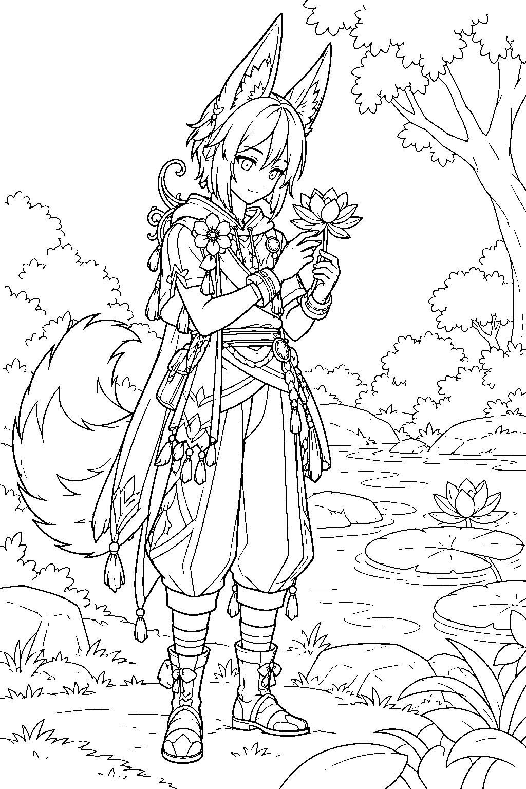 genshin impact tighnari inspecting nilotpala lotus beside an avidya forest pond line art