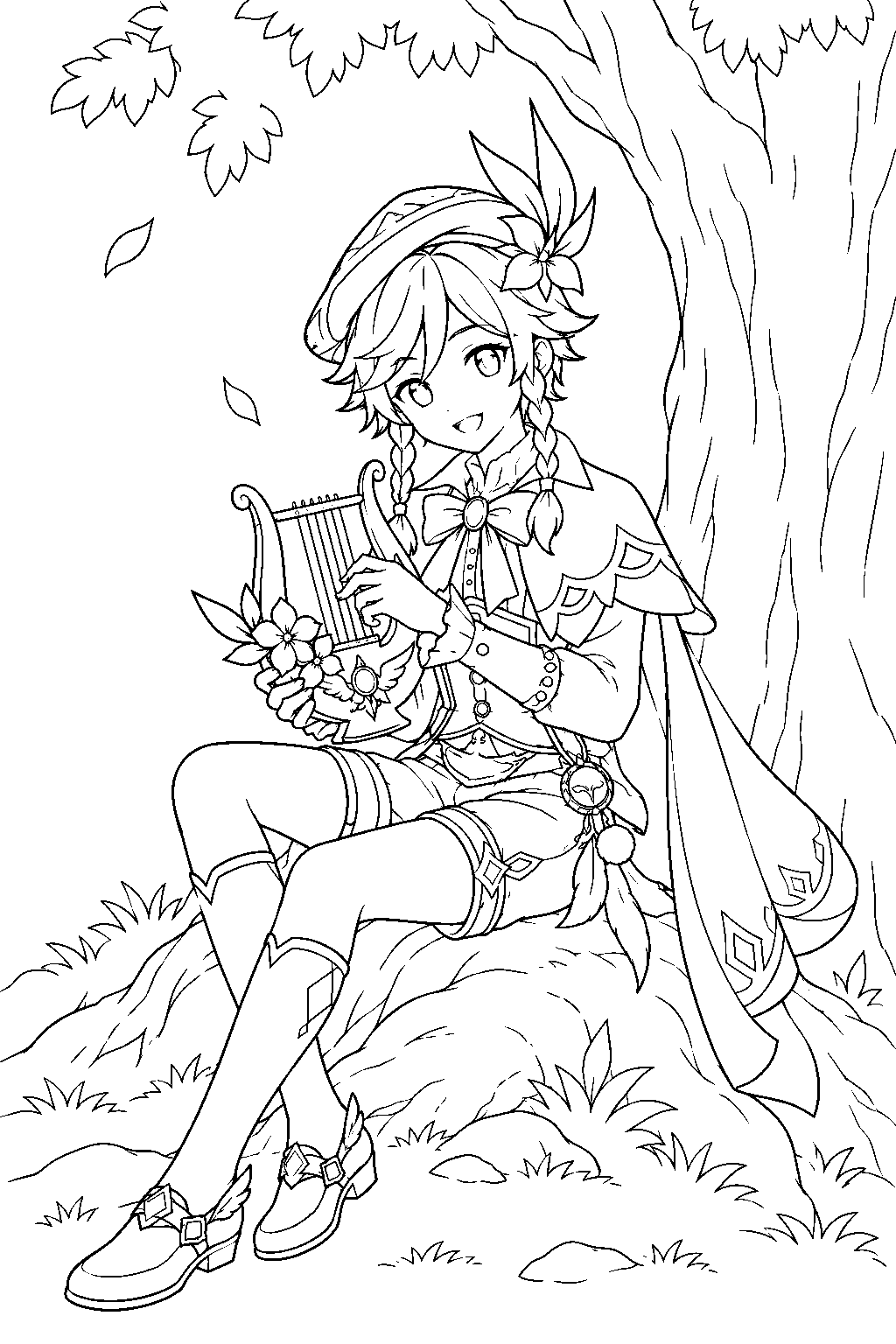 genshin impact venti playing his lyre beneath the windrise tree line art