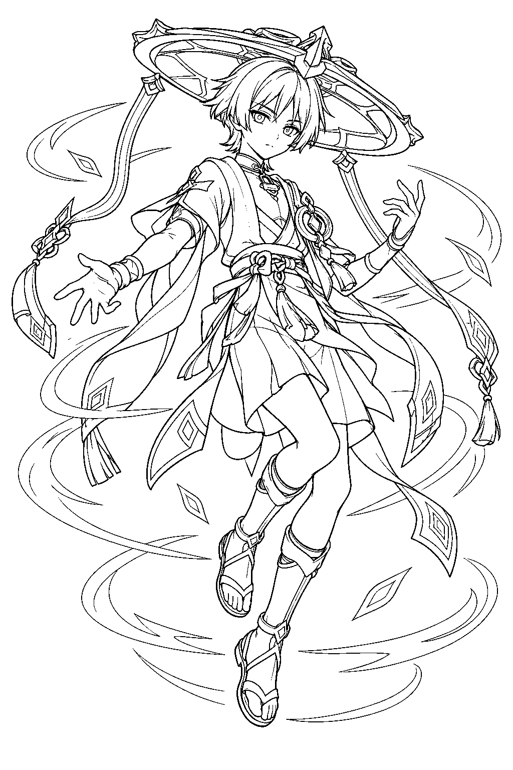 genshin impact wanderer floating inside anemo rings with his wide brimmed hat line art