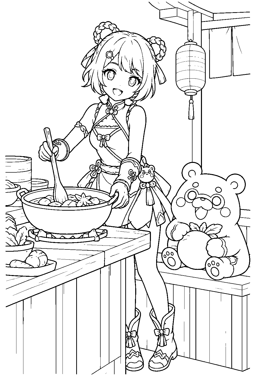 genshin impact xiangling cooking with guoba at wanmin restaurant line art