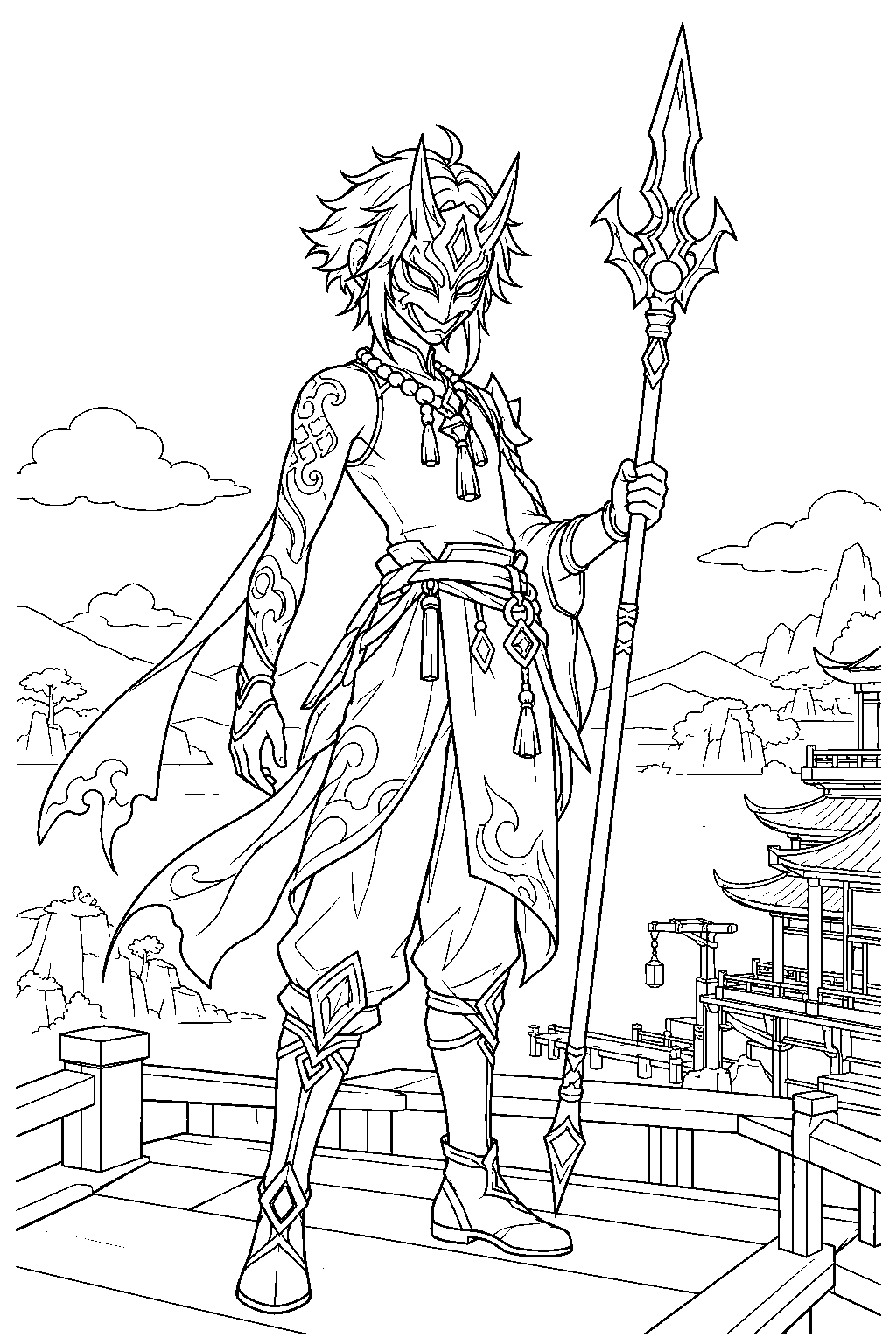 genshin impact xiao wearing his yaksha mask on the wangshu inn rooftop line art
