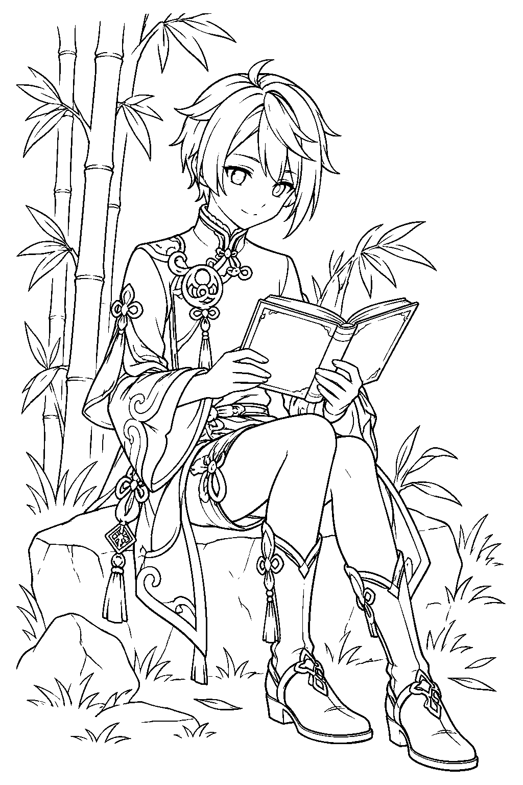 genshin impact xingqiu reading a book beside a bamboo grove line art
